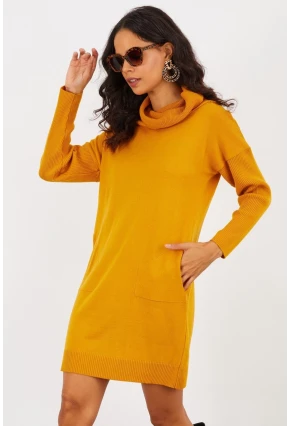 Kadın Hardal Degaje Yaka Triko Mini Elbise YV73