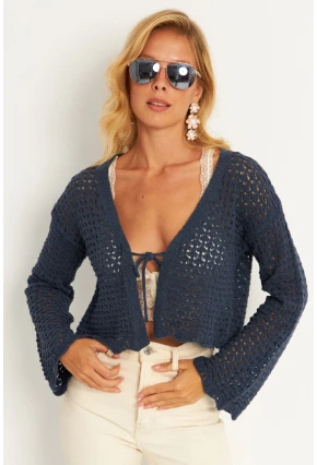 Kadın İndigo Ajurlu Triko Hırka YV248