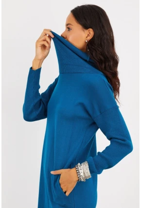 Kadın İndigo Degaje Yaka Triko Mini Elbise YV73