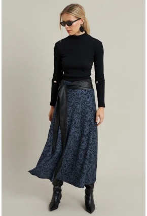 Kadın İndigo Desenli Çan Etek LON3007