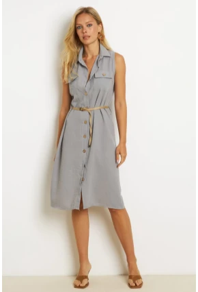 Kadın İndigo Kemerli Gömlek Midi Elbise SGT404