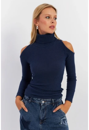 Kadın İndigo Omuzları Açık Kaşkorse Bluz HOR04