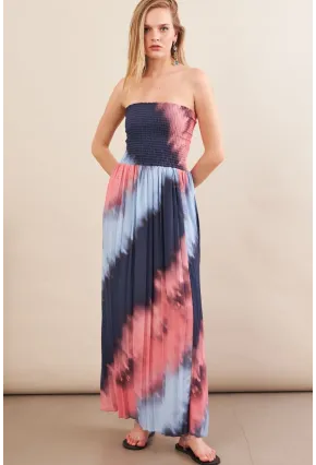 Kadın İndigo-Pudra Straplez Pilise Uzun Elbise MSİ100