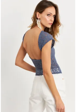 Kadın İndigo Sırtı Açık Dantel Bluz ZH04