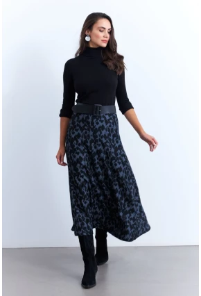 Kadın İndigo-Siyah Desenli Çan Etek LON3007