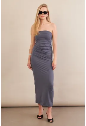 Kadın İndigo Straplez Büzgülü Midi Elbise MX2005