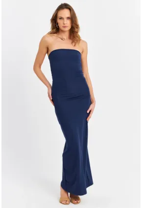 Kadın İndigo Straplez Yırtmaçlı Midi Elbise XC005