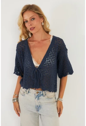 Kadın İndigo Triko Ajurlu Hırka YV255