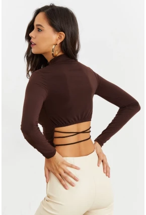 Kadın Kahve Beli Açık Crop Bluz GÇ115