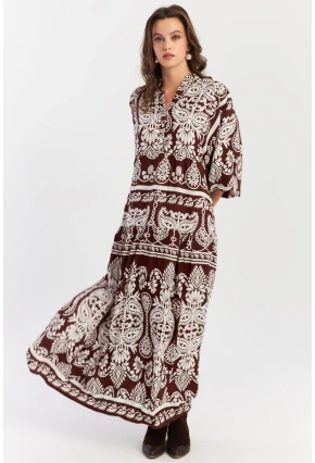 Kadın Kahve-Beyaz Etnik Desenli Maxi Dokuma Elbise ALO325