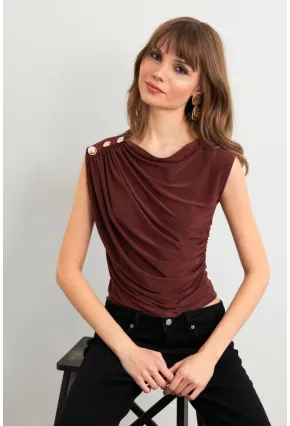 Kadın Kahve Düğme Detaylı Büzgülü Bluz LPP1205-1