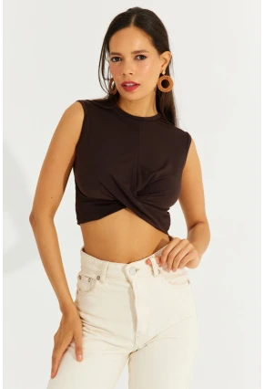 Kadın Kahve Önü Düğümlü Crop Bluz SDY2018