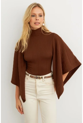 Kadın Kahve Yarasa Kol Balıkçı Bluz MTF32