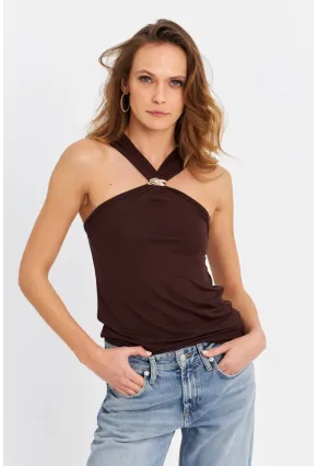 Kadın Kahverengi Aksesuarlı Bluz EY3068