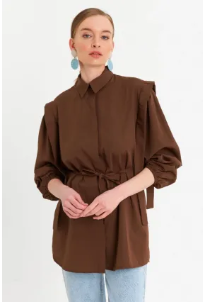 Kadın Kahverengi Bağlama Detaylı Basic Gömlek MASF185