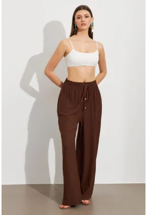Kadın Kahverengi Beli Lastikli Bürümcük Pantolon ROP105