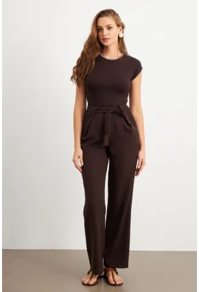 Kadın Kahverengi Beli Lastikli Kuşaklı Pantolon FLU7251