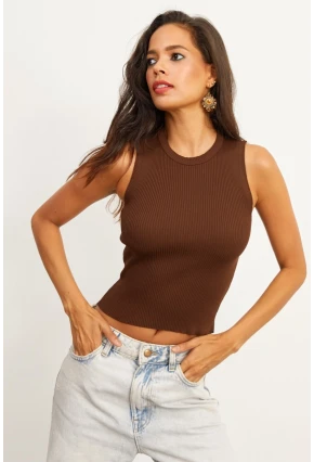 Kadın Kahverengi Bisiklet Yaka Triko Bluz YV91