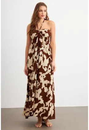 Kadın Kahverengi Büzgülü Desenli Midi Elbise KAB304