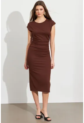 Kadın Kahverengi Büzgülü Midi Elbise MK38