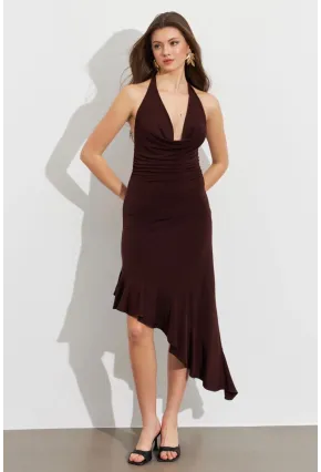 Kadın Kahverengi Degaje Asimetrik Midi Elbise İRE1436