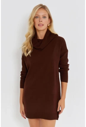 Kadın Kahverengi Degaje Yaka Triko Mini Elbise YV73