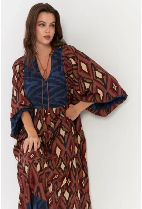 Kadın Kahverengi Desenli Dokuma Maxi Elbise ALO235