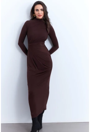 Kadın Kahverengi Drapeli Maxi Elbise LİK12