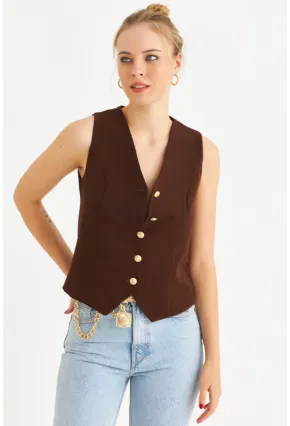 Kadın Kahverengi Düğme Detaylı Astarlı Yelek SGT410