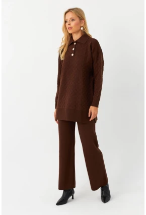 Kadın Kahverengi İnci Düğmeli Triko Alt Üst Takım MNUV33
