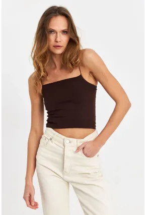 Kadın Kahverengi İp Askılı Crop Bluz EV63