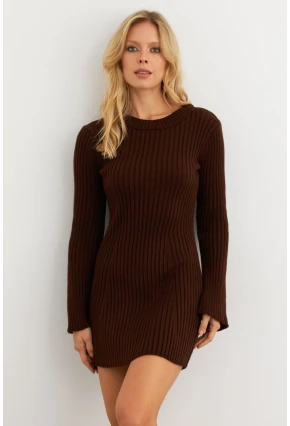 Kadın Kahverengi İspanyol Kol Triko Mini Elbise YV273