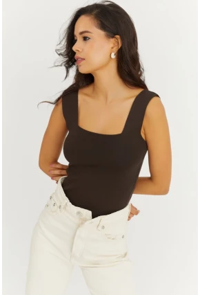 Kadın Kahverengi Kare Yaka Triko Bluz YV80