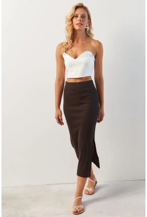 Kadın Kahverengi Kaşkorse Midi Etek XL2034