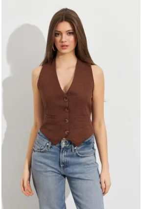 Kadın Kahverengi Keten Astarlı Yelek TW60046