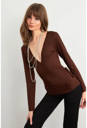Kadın Kahverengi Kruvaze Bağlamalı Bluz EY3036