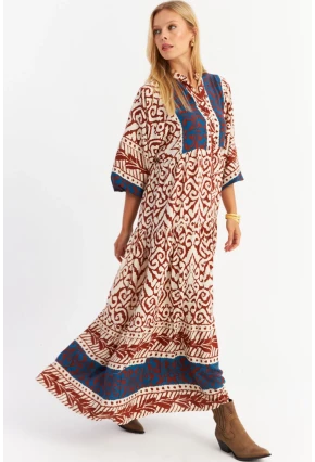 Kadın Kahverengi-Lacivert Volanlı Maxi Elbise MALO11