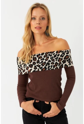 Kadın Kahverengi Leopar Bloklu Madonna Bluz AYD396