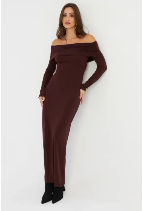 Kadın Kahverengi Madonna Yaka Maxi Elbise LİK10