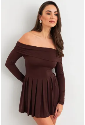 Kadın Kahverengi Madonna Yaka Midi Elbise MON1262