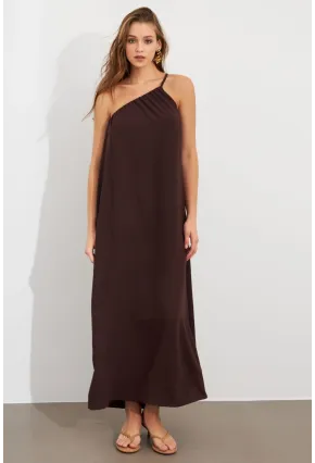 Kadın Kahverengi Tek Omuz Maxi Elbise İRE1012