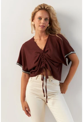 Kadın Kahverengi Önü Büzgülü Bluz XL2039