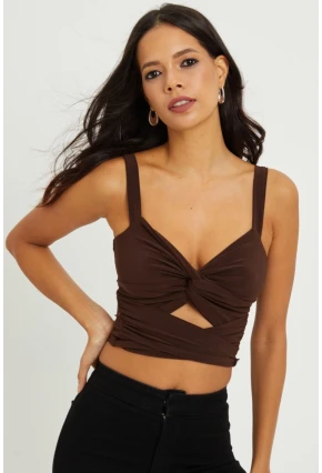 Kadın Kahverengi Önü Büzgülü Crop Bluz B189