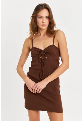 Kadın Kahverengi Önü Büzgülü Pencereli Mini Elbise EY3047