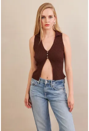 Kadın Kahverengi Polo Yaka Yumoş Yelek ZH050