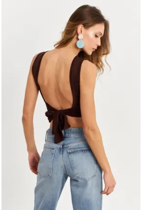 Kadın Kahverengi Sırt Bağlamalı Crop Bluz EY2733