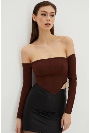 Kadın Kahverengi Sırt Fermuarlı Crop Bluz B518