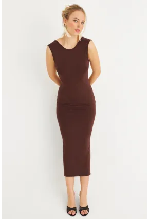 Kadın Kahverengi Sırtı Açık Midi Elbise YEL221672