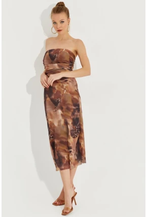 Kadın Kahverengi Straplez Midi Tül Elbise YEL221309