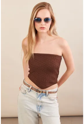 Kadın Kahverengi Straplez Triko Crop Bluz ZH049